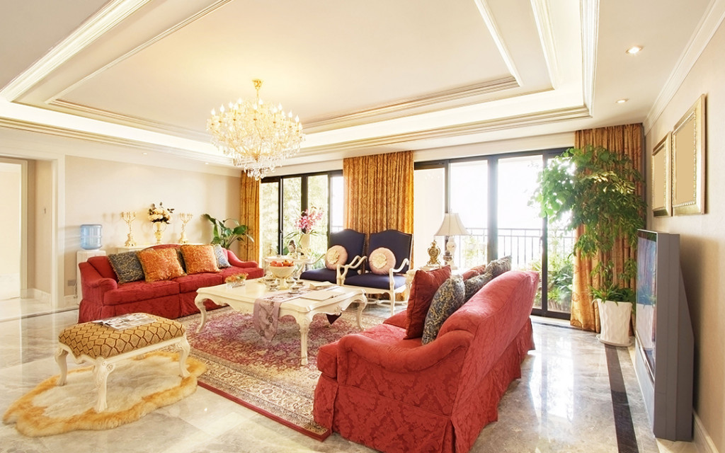 living-room-painted-in-gold-colour-and-decorated-with-furnitures-