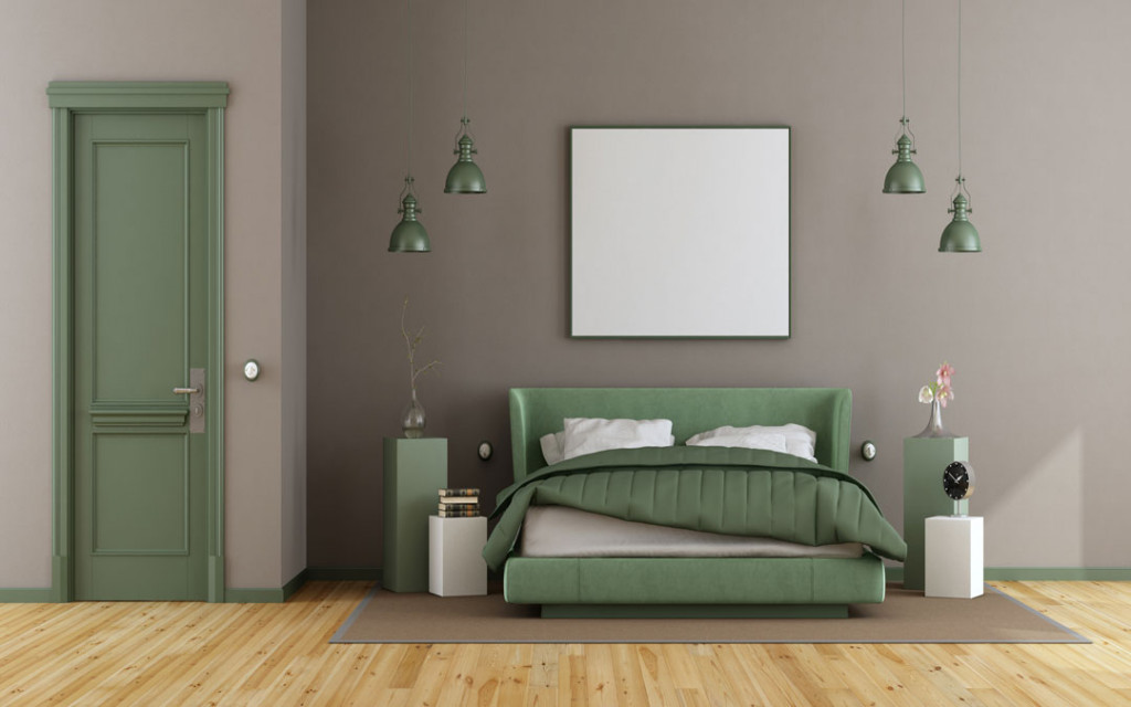 Combinações de cores de tinta marrom-claro e verde silenciado para o quarto